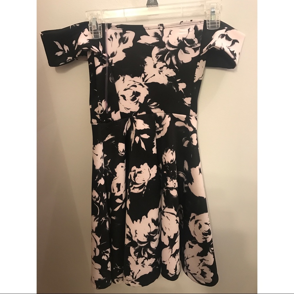 Off the shoulder black and white floral dress